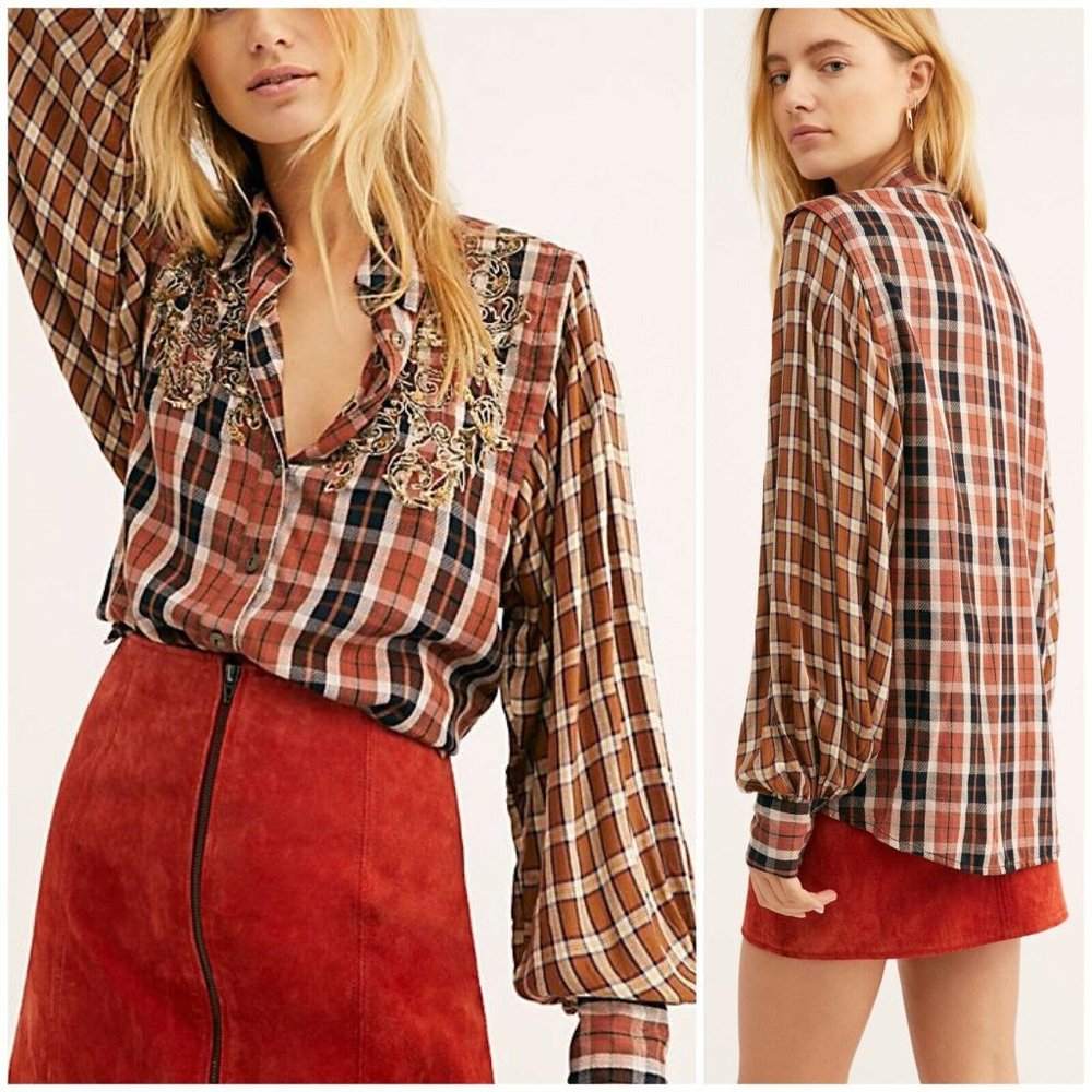 NEW Free People Snow Mountain Plaid Sequin Blouse